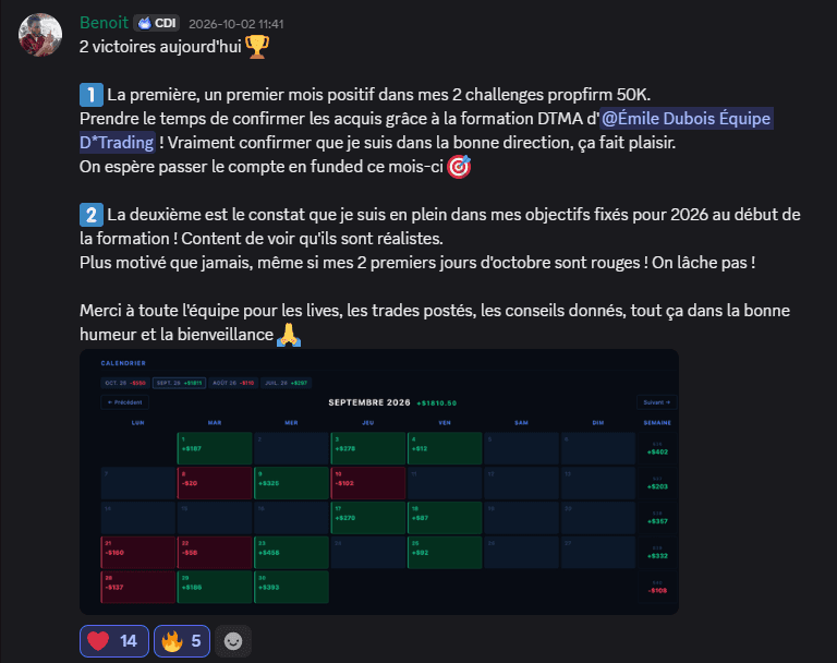 Message original de Benoit sur sa progression avec la formation DTMA