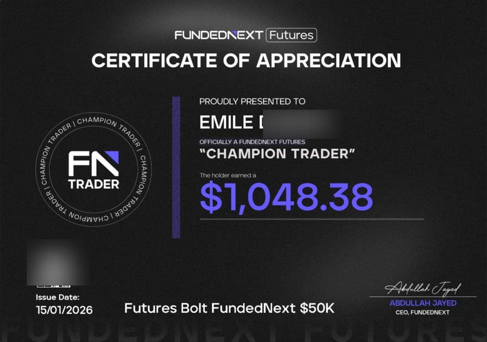 Capture de résultat vérifié sur FundedNext, membre D*Trading