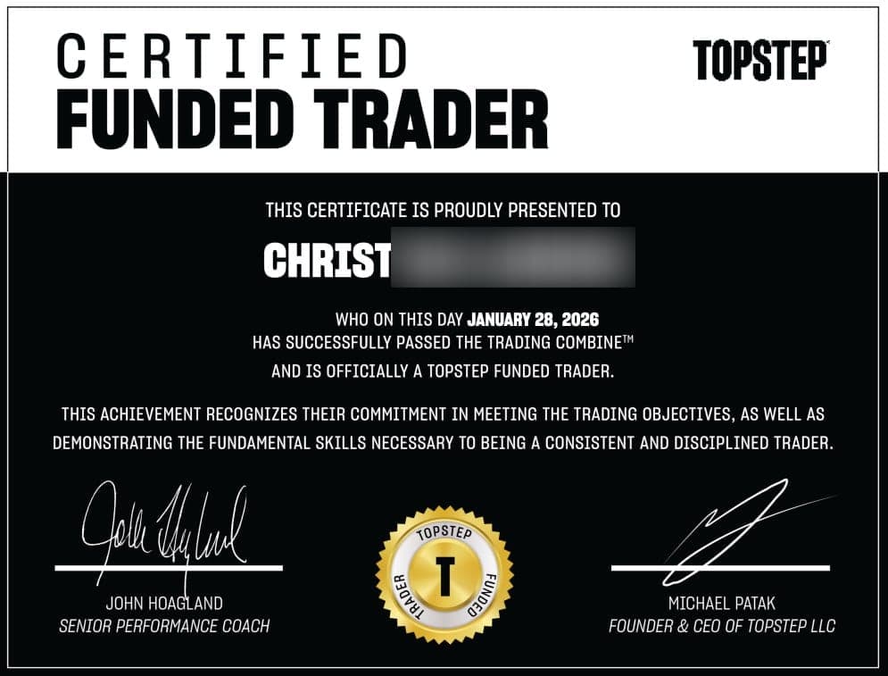 Capture de résultat vérifié sur Topstep, membre D*Trading